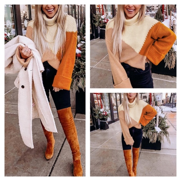 Colorblock Trutleneck Sweater Orange Beige - Picture 13 of 16